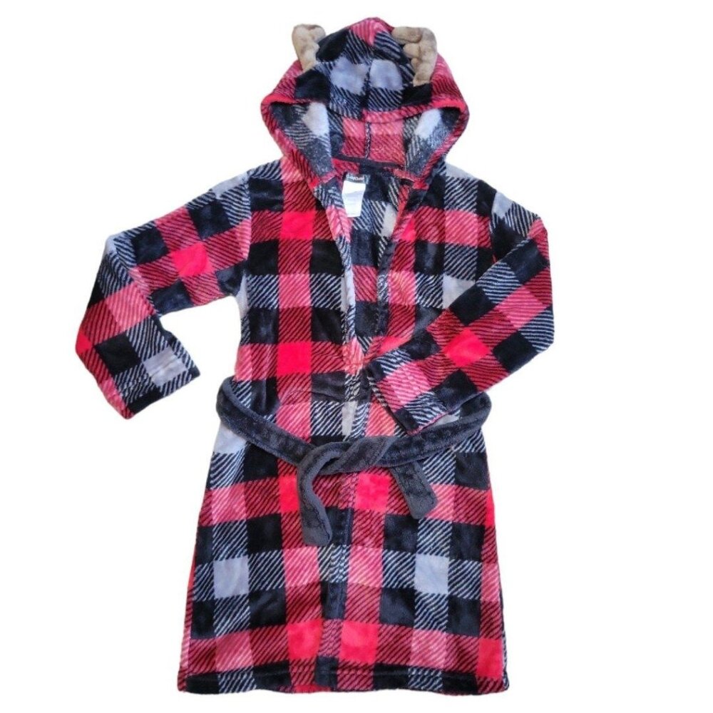 Boys M 8/10 Cuddl Duds Moose/Deer black/red Checkered Plaid Winter Hooded Robe